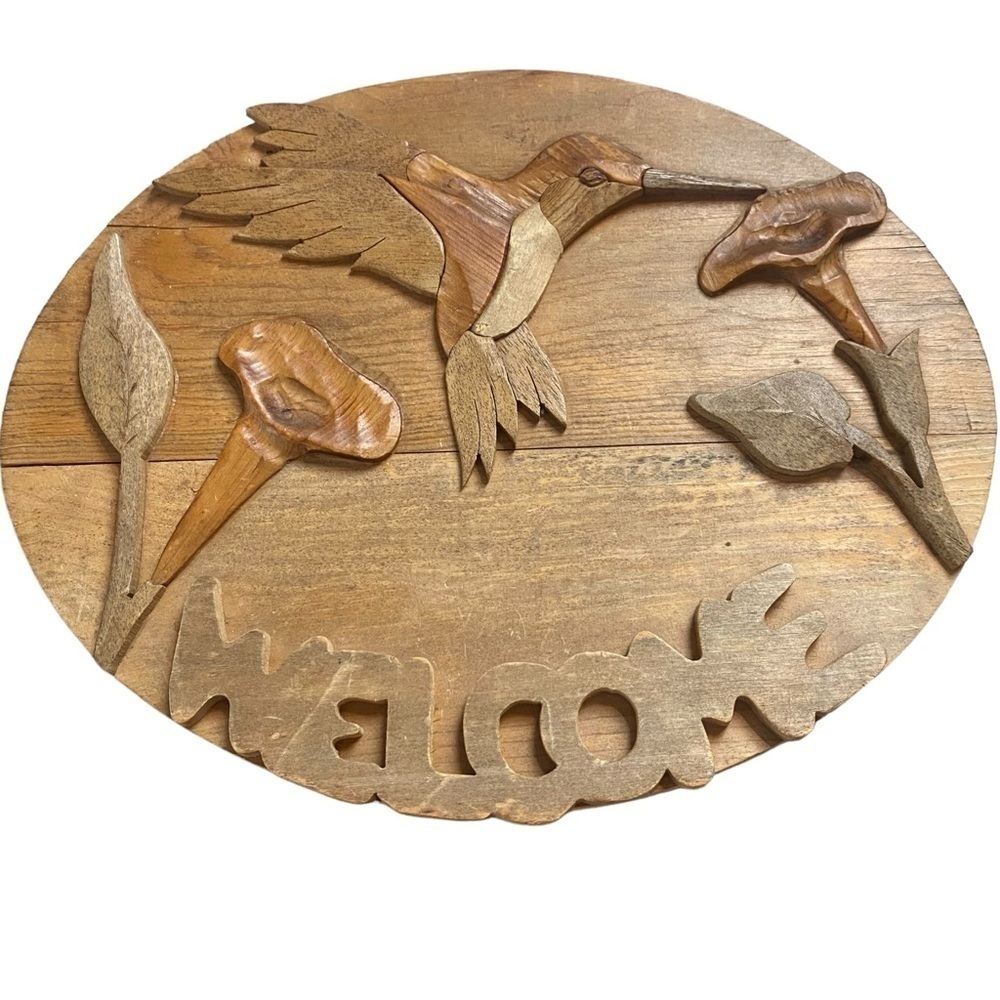 Oval Wood carving welcome sign Hummingbird and flowers